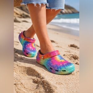 Crocs Tie Dye Classic Clogs M7 W9 Multicolor Slip On Comfort